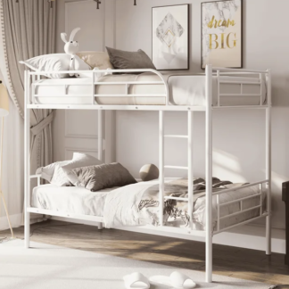Jump Into Fun Bunk Bed Twin over Twin, Metal Twin Bunk Beds for Kids Teens Adults Convertible into 2 Bed with Safety Guard Rail & Ladder, Hold 600lb Bunk Bed for Guest Room, Noise Free, White