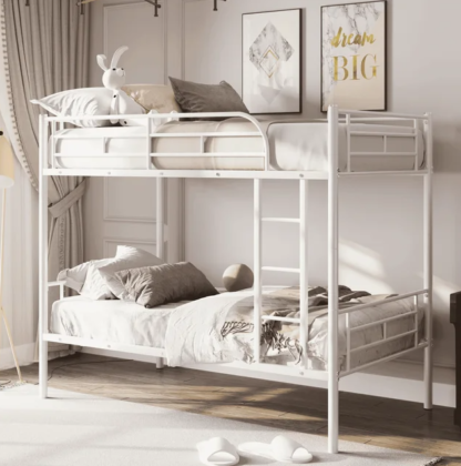 Jump Into Fun Bunk Bed Twin over Twin, Metal Twin Bunk Beds for Kids Teens Adults Convertible into 2 Bed with Safety Guard Rail & Ladder, Hold 600lb Bunk Bed for Guest Room, Noise Free, White