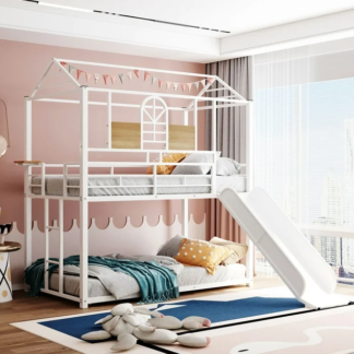 Jump Into Fun Bunk Bed with Slide, Twin over Twin Bunk Bed for Kids Adults, Metal Bunk Bed with Roof, Built-in Ladder and Safety Guardrails, Toddler Bunk Beds for Bedroom, White