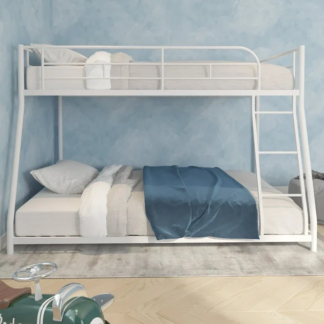 Kumix Bunk Bed, Twin over Full Bunk Bed for Kids Adults, Metal Bunk Bed with 42 Sturdy Slats, Inclined Ladders & Full-Length Guardrails, Toddler Bunk Beds for Dormitory Bedroom, White