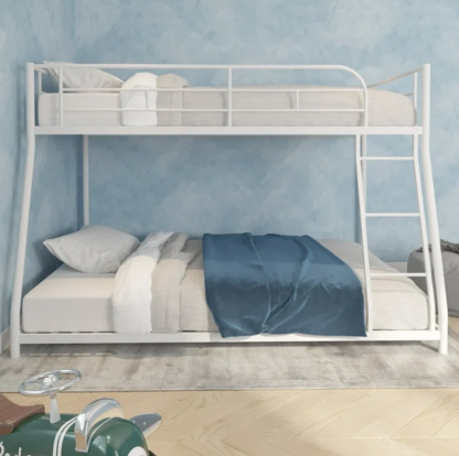 Kumix Bunk Bed, Twin over Full Bunk Bed for Kids Adults, Metal Bunk Bed with 42 Sturdy Slats, Inclined Ladders & Full-Length Guardrails, Toddler Bunk Beds for Dormitory Bedroom, White