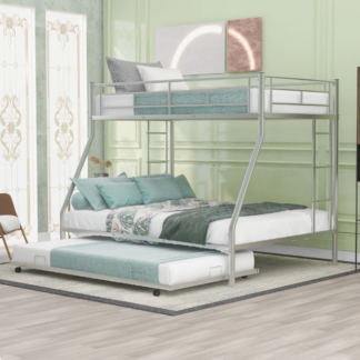 Kumix Bunk Bed, Twin over Full Bunk Bed for Kids Adults, Metal Bunk Bed with Trundle, 61 Sturdy Slats, Two-Side Ladders & Full-Length Guardrails, Toddler Bunk Beds for Dormitory Bedroom, Silver