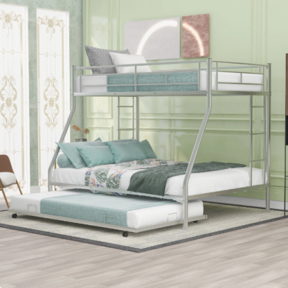 Kumix Bunk Bed, Twin over Full Bunk Bed for Kids Adults, Metal Bunk Bed with Trundle, 61 Sturdy Slats, Two-Side Ladders & Full-Length Guardrails, Toddler Bunk Beds for Dormitory Bedroom, Silver