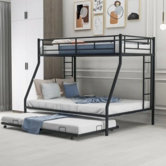 Kumix Bunk Bed, Twin over Full Bunk Bed for Kids Adults, Metal Bunk Bed with Trundle, 61 Sturdy Slats, Two-Side Ladders & Full-Length Guardrails, Toddler Bunk Beds for Dormitory Bedroom, Black