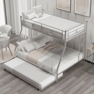 Jump Into Fun Bunk Bed Twin over Full, Metal Bunk Bed with Trundle, 3 in 1 Triple Bunk Beds, Sturdy Steel Bunk Beds Frame for 3 Kids/Teens with Two Side Ladders and Safety Guard Rail, Silver