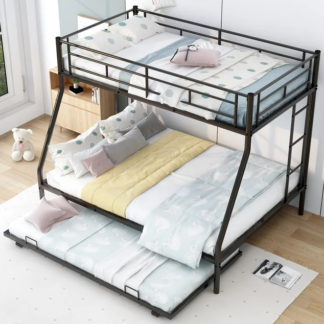 Jump Into Fun Bunk Bed Twin over Full, Metal Bunk Bed with Trundle, 3 in 1 Triple Bunk Beds, Sturdy Steel Bunk Beds Frame for 3 Kids/Teens with Two Side Ladders and Safety Guard Rail, Black