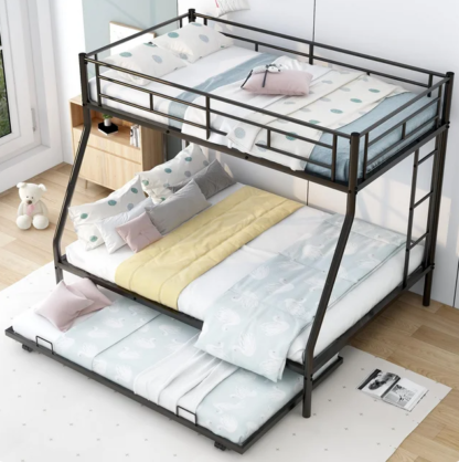 Jump Into Fun Bunk Bed Twin over Full, Metal Bunk Bed with Trundle, 3 in 1 Triple Bunk Beds, Sturdy Steel Bunk Beds Frame for 3 Kids/Teens with Two Side Ladders and Safety Guard Rail, Black