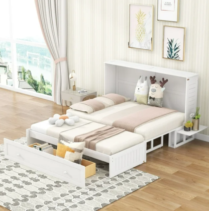 Jump Into Fun Murphy Bed Queen, Wood Murphy Bed Chest with Storage Drawer & Bedside Shelves, Solid Wood Cabinet Bed Queen Size for Adults, Kids, Guest Room, Home, Office, White