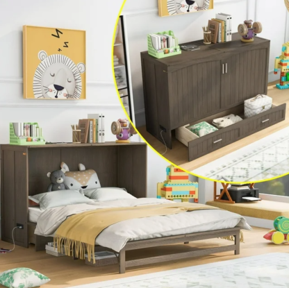 Jump Into Fun Murphy Bed Queen, Wood Murphy Bed Chest with Storage Drawer & Built-in USB Charging Station, Solid Wood Cabinet Bed Queen Size for Adults, Kids, Guest Room, Home, Office, Antique Gray