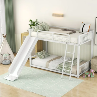 Jump Into Fun Bunk Beds Twin over Twin, Metal Bunk Bed with Slide, Low Bunk Bed with Ladder and Guardrails for Kids, Grils Boys, Bunk Bed for Bedroom, Dormitory, White