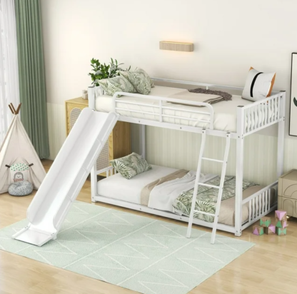 Jump Into Fun Bunk Beds Twin over Twin, Metal Bunk Bed with Slide, Low Bunk Bed with Ladder and Guardrails for Kids, Grils Boys, Bunk Bed for Bedroom, Dormitory, White