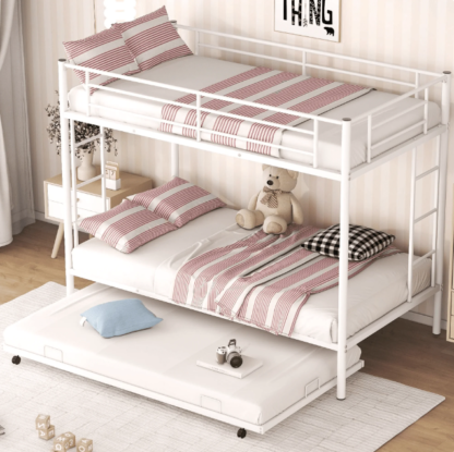 Kumix Bunk Bed Twin Over Twin, Metal Twin Bunk Bed with Trundle, Sturdy Steel Bunk Beds Frame for 3 Kids/Teens with Two Side Ladders and Safety Guard Rail, Noise Free, White