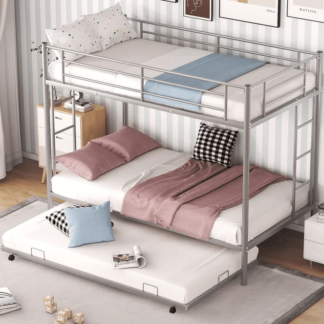 Kumix Bunk Bed Twin Over Twin, Metal Twin Bunk Bed with Trundle, Sturdy Steel Bunk Beds Frame for 3 Kids/Teens with Two Side Ladders and Safety Guard Rail, Noise Free, Silver
