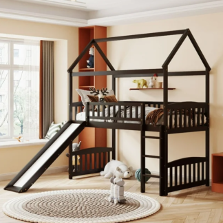Jump Into Fun Loft Bed with Slide, Twin House Bed with Ladder and Full Safety Guardrails, Loft Bed with Roof for Kids Toddlers, Solid Wood Loft Bed for Bedroom, No Box Spring Needed - Espresso