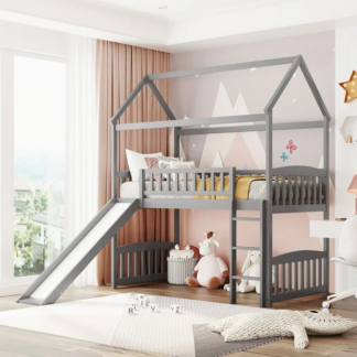 Jump Into Fun Loft Bed with Slide, Twin House Bed with Ladder and Full Safety Guardrails, Loft Bed with Roof for Kids Toddlers, Solid Wood Loft Bed for Bedroom, No Box Spring Needed - Gray
