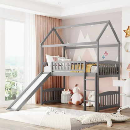 Jump Into Fun Loft Bed with Slide, Twin House Bed with Ladder and Full Safety Guardrails, Loft Bed with Roof for Kids Toddlers, Solid Wood Loft Bed for Bedroom, No Box Spring Needed - Gray