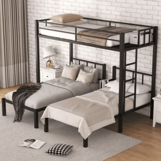 Jump Into Fun Triple Bunk Bed, Metal Twin over Twin and Twin Bunk Bed with Ladder, Full-Length Guardrail, 3 Beds Bunk Bed Can Convertible into 3 Twin Beds for Kids, Teens, Adults, Noise Free, Black