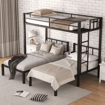 Jump Into Fun Triple Bunk Bed, Metal Twin over Twin and Twin Bunk Bed with Ladder, Full-Length Guardrail, 3 Beds Bunk Bed Can Convertible into 3 Twin Beds for Kids, Teens, Adults, Noise Free, Black