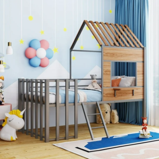 Jump Into Fun Metal Twin Bed, Loft Bed Frame with Storage Shelf, Guardrail, Ladder, Roof and Window, House Bed for Kids Toddlers Girls/Boys, Space-Saving, Metal Bed No Noise, (Silver)