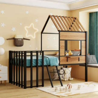 Jump Into Fun Metal Twin Bed, Loft Bed Frame with Storage Shelf, Guardrail, Ladder, Roof and Window, House Bed for Kids Toddlers Girls/Boys, Space-Saving, Metal Bed No Noise, (Black)