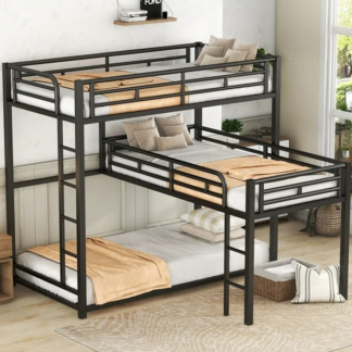 Kumix Triple Bunk Beds, Metal L-Shaped Twin Bunk Beds with Full-Length Guardrails and 2 Built-in Short Ladders, Triple Bunk Bed for 3 Kids, Adults, Teens, Space-Saving, Noise-Free, Black