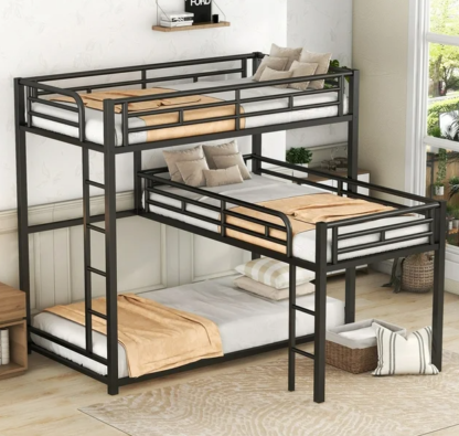 Kumix Triple Bunk Beds, Metal L-Shaped Twin Bunk Beds with Full-Length Guardrails and 2 Built-in Short Ladders, Triple Bunk Bed for 3 Kids, Adults, Teens, Space-Saving, Noise-Free, Black