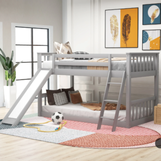 Jump Into Fun Bunk Bed Twin over Twin, Solid Wood Low Bunk Beds with Convertible Slide and Ladder, 11.6" Safety Guardrail and Anti-Slip Steps, Noise Free Floor Bunk Beds for Kids, Girls, Boys, Gray