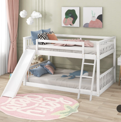 Jump Into Fun Bunk Bed Full over Full, Solid Wood Low Bunk Beds with Convertible Slide and Ladder, 11.6" Safety Guardrail and Anti-Slip Steps, Noise Free Floor Bunk Beds for Kids, Girls, Boys, White