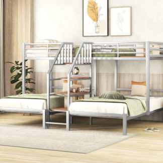 Kumix Triple Bunk Bed, Metal Twin over Twin and Twin Bunk Bed with Storage Stairs, Full-Length Guardrail, Triple Bunk Beds for 3 Kids Teens Girls Boys, Noise Free, Silver