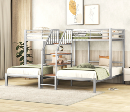 Kumix Triple Bunk Bed, Metal Twin over Twin and Twin Bunk Bed with Storage Stairs, Full-Length Guardrail, Triple Bunk Beds for 3 Kids Teens Girls Boys, Noise Free, Silver