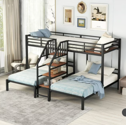 Kumix Triple Bunk Bed, Metal Twin over Twin and Twin Bunk Bed with Storage Stairs, Full-Length Guardrail, Triple Bunk Beds for 3 Kids Teens Girls Boys, Noise Free, Black