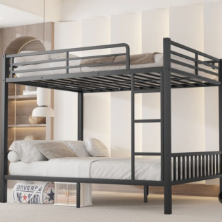 Kumix Queen Over Queen Bunk Bed, Heavy-Duty Metal Bunk Bed with Ladder, Safety Guardrail and Slats Support, Space-Saving Bunk Bed for Adults and Teens, Space-Saving and Noise-Free, Black