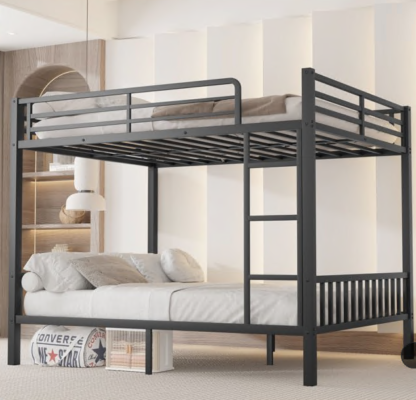 Kumix Queen Over Queen Bunk Bed, Heavy-Duty Metal Bunk Bed with Ladder, Safety Guardrail and Slats Support, Space-Saving Bunk Bed for Adults and Teens, Space-Saving and Noise-Free, Black