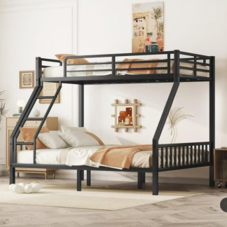 Kumix Twin XL Over Queen Bunk Bed, Heavy-Duty Metal Bunk Bed with Ladder, Safety Guardrail and Slats Support, Space-Saving Bunk Bed for Adults and Teens, Space-Saving and Noise-Free, Black