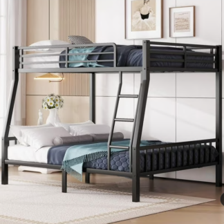 Kumix Full XL Over Queen Bunk Bed, Heavy-Duty Metal Bunk Bed with Ladder, Safety Guardrail and Slats Support, Space-Saving Bunk Bed for Adults and Teens, Space-Saving and Noise-Free, Black