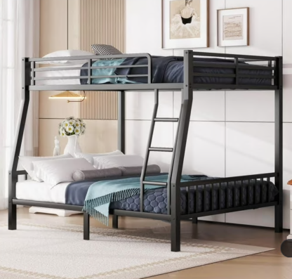 Kumix Full XL Over Queen Bunk Bed, Heavy-Duty Metal Bunk Bed with Ladder, Safety Guardrail and Slats Support, Space-Saving Bunk Bed for Adults and Teens, Space-Saving and Noise-Free, Black