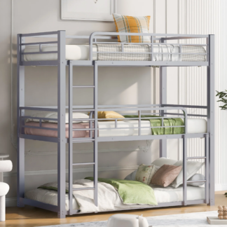 Jump Into Fun Triple Bunk Bed, Twin Size Metal Bunk Beds for 3 Kids, Teens, with Built-in Ladder, Safety Guardrails, No Box Spring Needed, Noise Free for Dorm, Bedroom, Guest Room, Black