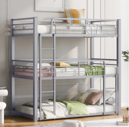Jump Into Fun Triple Bunk Bed, Twin Size Metal Bunk Beds for 3 Kids, Teens, with Built-in Ladder, Safety Guardrails, No Box Spring Needed, Noise Free for Dorm, Bedroom, Guest Room, Black