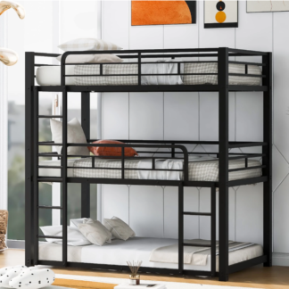 Jump Into Fun Triple Bunk Bed, Twin Size Metal Bunk Beds for 3 Kids, Teens, with Built-in Ladder, Safety Guardrails, No Box Spring Needed, Noise Free for Dorm, Bedroom, Guest Room, Black