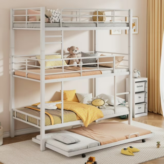 Jump Into Fun Triple Bunk Bed, Twin Size Metal Bunk Beds with Trundle for 4 Kids, Teens, with Built-in Ladder, Safety Guardrails, No Box Spring Needed, Noise Free for Dorm, Bedroom, Guest Room, White