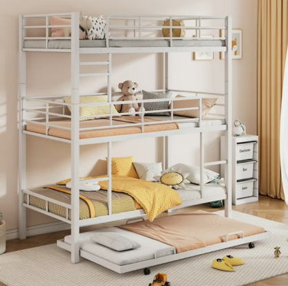 Jump Into Fun Triple Bunk Bed, Twin Size Metal Bunk Beds with Trundle for 4 Kids, Teens, with Built-in Ladder, Safety Guardrails, No Box Spring Needed, Noise Free for Dorm, Bedroom, Guest Room, White