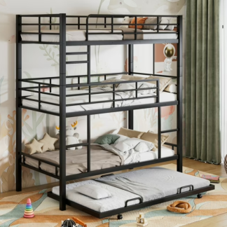 Jump Into Fun Triple Bunk Bed, Twin Size Metal Bunk Beds with Trundle for 4 Kids, Teens, with Built-in Ladder, Safety Guardrails, No Box Spring Needed, Noise Free for Dorm, Bedroom, Guest Room, Black