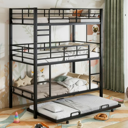 Jump Into Fun Triple Bunk Bed, Twin Size Metal Bunk Beds with Trundle for 4 Kids, Teens, with Built-in Ladder, Safety Guardrails, No Box Spring Needed, Noise Free for Dorm, Bedroom, Guest Room, Black