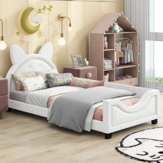 Jump Into Fun Twin Daybed, Teddy Fleece Platform Bed for Kids with Cartoon Ears Shaped Headboard, Twin Bed Frame with Wood Slats Support for Girls Boys for Bedrooms, No Box Spring Needed, White