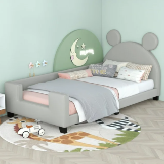 Jump Into Fun Twin Daybed, Platform Bed for Kids with Cartoon Ears Shaped Headboard, Twin Bed Frame with Wood Slats Support for Girls Boys for Bedrooms, No Box Spring Needed, Gray
