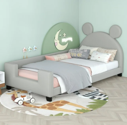 Jump Into Fun Twin Daybed, Platform Bed for Kids with Cartoon Ears Shaped Headboard, Twin Bed Frame with Wood Slats Support for Girls Boys for Bedrooms, No Box Spring Needed, Gray