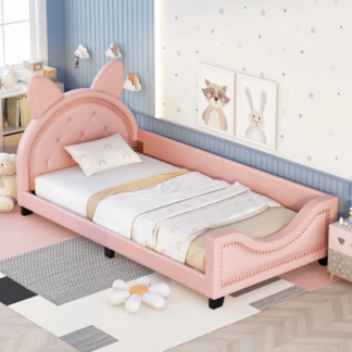 Jump Into Fun Twin Daybed, Platform Bed for Kids with Cartoon Ears Shaped Headboard, Twin Bed Frame with Wood Slats Support for Girls Boys for Bedrooms, No Box Spring Needed, Pink