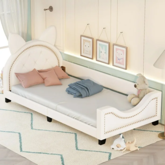 Jump Into Fun Twin Daybed, Platform Bed for Kids with Cartoon Ears Shaped Headboard, Twin Bed Frame with Wood Slats Support for Girls Boys for Bedrooms, No Box Spring Needed, White
