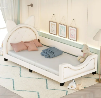 Jump Into Fun Twin Daybed, Platform Bed for Kids with Cartoon Ears Shaped Headboard, Twin Bed Frame with Wood Slats Support for Girls Boys for Bedrooms, No Box Spring Needed, White