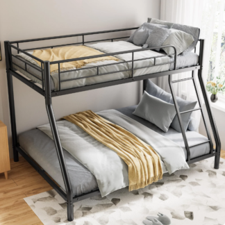Jump Into Fun Bunk Bed, Metal Twin over Full Bunk Bed with Ladder, Full Length Guard Rails, Heavy Duty Sturdy Low Bunk Bed for Kid, Teen & Adults, Teens, No Box Spring Needed, Black